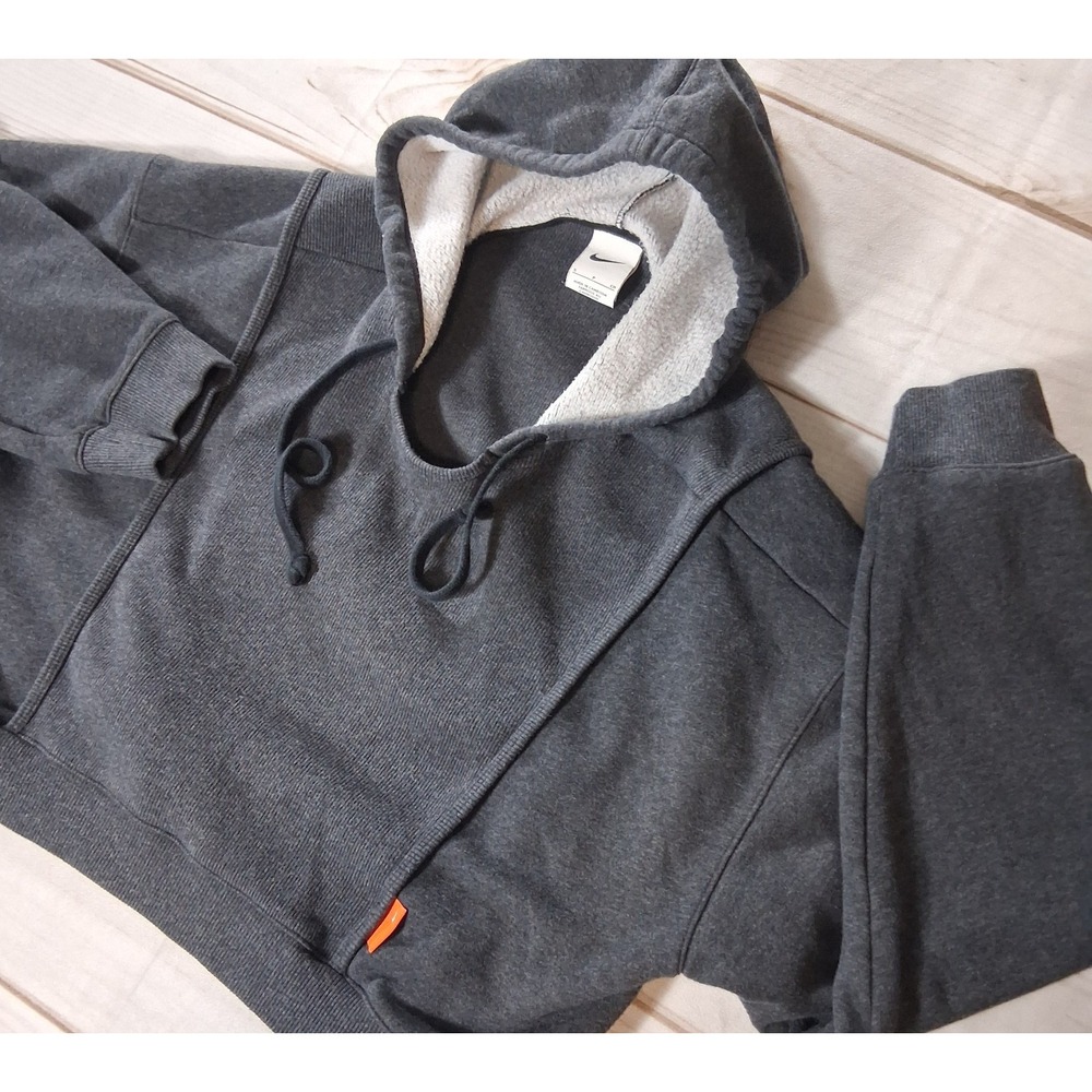 Nike Womens S Small Dark Gray Cropped Fleece Hoodie Sweatshirt Orange Swoosh Tab